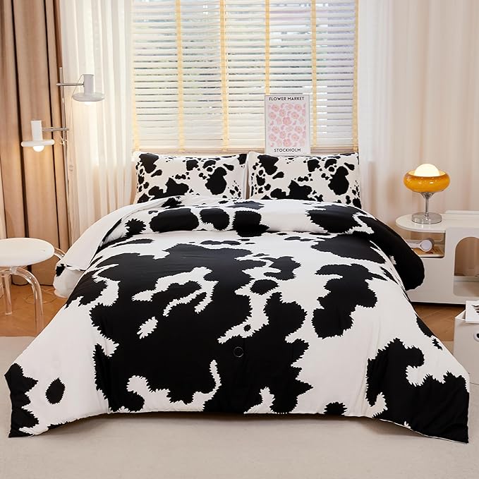 Cow Print Bedding Set Queen,Queen Size Cow Print Comforter Sets,Boys Bedding Set Queen,Black and White Color Comforter,Cow Room Decor