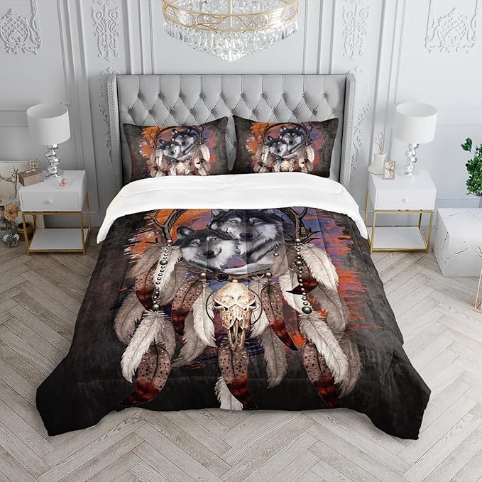 Wolf Dream Catcher Comforter Set for Kids Teens Girls Retro Modern Wildlife Animal Comforter Tie Dye Wolf Bedding Set for Kids Teens Room Decor