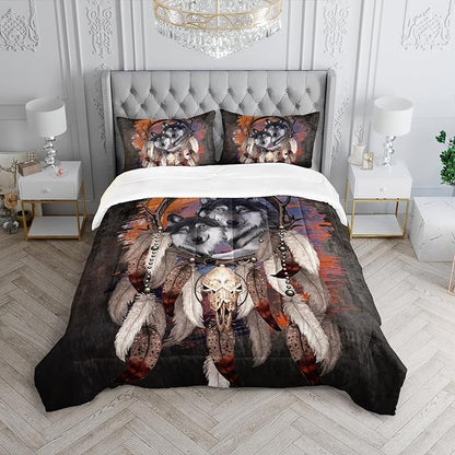 Wolf Dream Catcher Comforter Set for Kids Teens Girls Retro Modern Wildlife Animal Comforter Tie Dye Wolf Bedding Set for Kids Teens Room Decor
