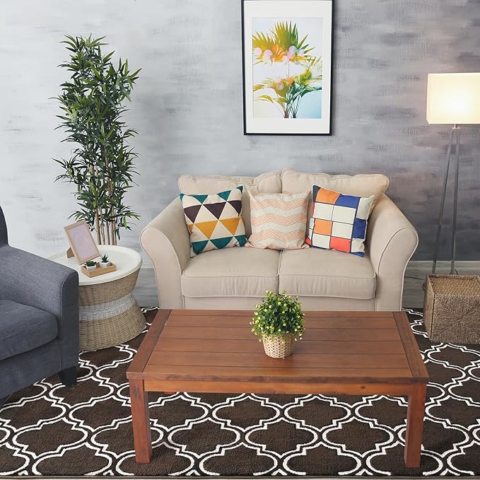 Chicrug Shag Geometric 7x10 Area Rug for Living Room, Large Modern Memory Foam Indoor Carpet, Fluffy Rug for Bedroom Bedside Room Decor for Family Girls Kids Nursery, Brown/White