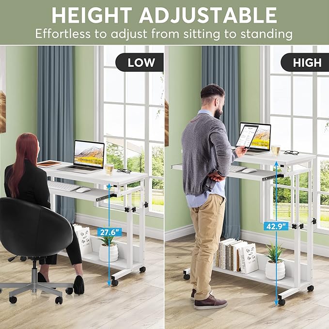 Tribesigns Portable Desk for Sofa and Bed, Height Adjustable Mobile Laptop Table Small Standing Desk Rolling Computer Cart with Keyboard Tray on Wheels for Home Office (White)