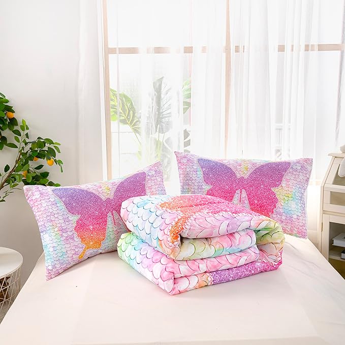 CVHOUSE Butterfly Bedding Set,Butterfly Comforter Full,Butterfly Comforter Set for Girls Kids Teens,Butterflies Quilt Set with 1 Comforter and 2 Pillow Cases- 3 Piece