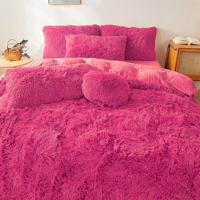 Fluffy Faux Fur hot pink Comforter Cover Set Queen - Ultra Soft Plush hot pink Bedding Sets 3 Pieces (1 fluffy duvet cover + 2 Faux Fur Pillow case) Cute hot pink Bed Set (Hot pink, Queen)
