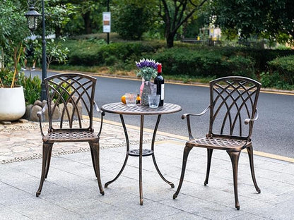 Bistro Set 3 Piece Rustproof Cast Aluminum Patio Furniture Sets Round Table with Umbrella Hole for Outdoor, Patio, Balcony, Bronze