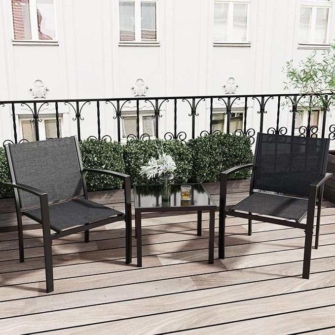 Greesum 3 Pieces Patio Furniture Set Outdoor Conversation Textilene Fabric Chairs for Lawn, Garden, Balcony, Poolside with A Glass Coffee Table, Black