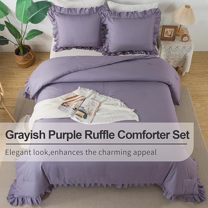 Andency Grayish Purple Comforter Set Full Size, 3 Pieces Lightweight Soft Rustic Ruffle Comforter Women Man, Solid Farmhouse Shabby Chic Microfiber Bedding Comforter Sets for All Season