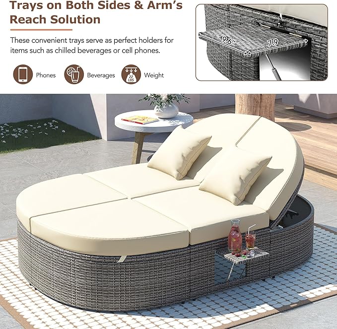 Outdoor DayBed Patio 2-Person Rattan Sun Bed Reclining Chaise Lounge with Adjustable Backrests, Foldable Cup Trays and Pillows, for Lawn,Poolside, Beige