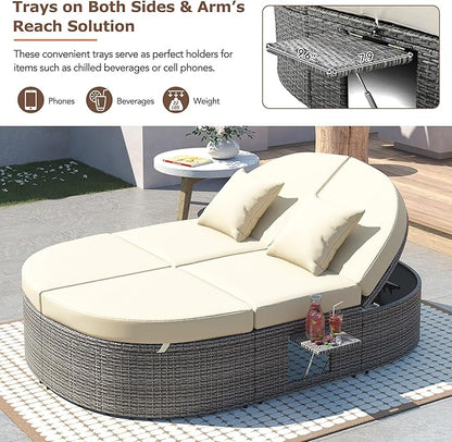 Outdoor DayBed Patio 2-Person Rattan Sun Bed Reclining Chaise Lounge with Adjustable Backrests, Foldable Cup Trays and Pillows, for Lawn,Poolside, Beige