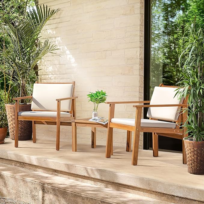 Greesum 3 Piece Bistro Patio Furniture Outdoor Chat Chair Set with Water Resistant Cushions and Coffee Table for Beach Backyard Garden, White