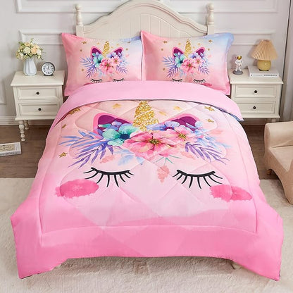 Pink Unicorn Queen Bedding Set for Girls 3 Piece Kids Comforter Set Cartoon Unicorn Flowers Quilt Set Bed in A Bag Lightweight Duvet Bed Set for Kids Teen Girls Women Bedroom Decor with 2 Pillowcases