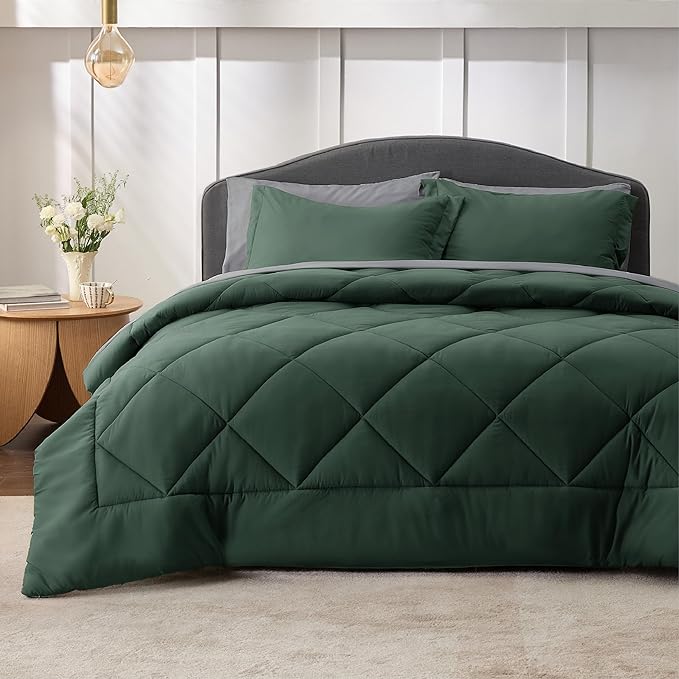 Bedsure Forest Green Full Size Comforter Set - 7 Pieces Reversible Full Bed in a Bag, Full Bed Set Forest Green and Grey with Comforters, Sheets, Pillowcases & Shams