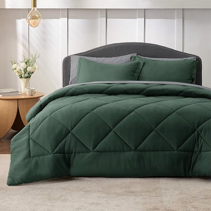 Bedsure Forest Green Full Size Comforter Set - 7 Pieces Reversible Full Bed in a Bag, Full Bed Set Forest Green and Grey with Comforters, Sheets, Pillowcases & Shams