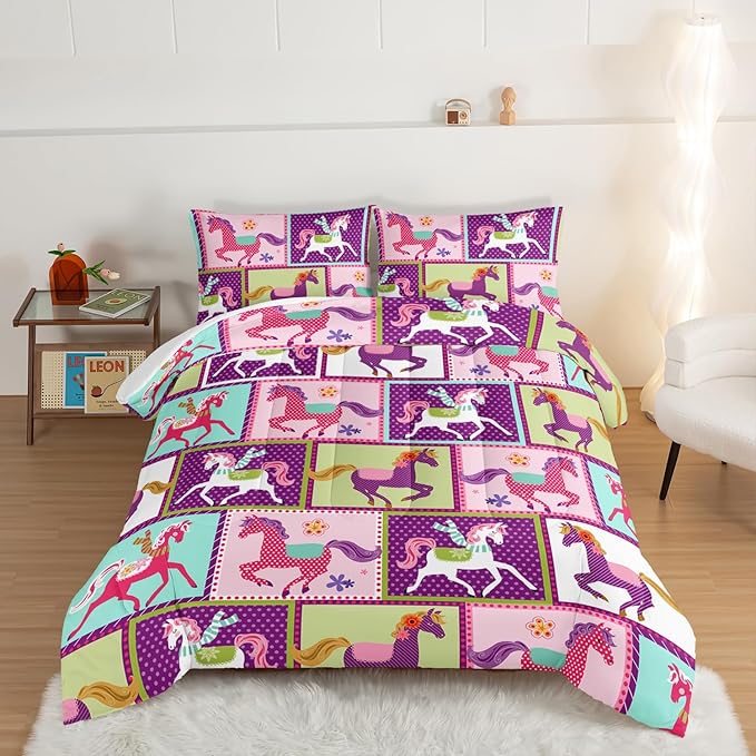 HOSIMA 3Pcs Kawaii Kids Horse Comforter Set with 2 Pillowcases,Colorful Dots Style Comforter for Adults Teens Princess Toddler Bedding Set,Horse Pony King Size Comforter Set.