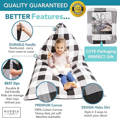 Stuffed Animal Bean Bag Storage - Machine Washable Bean Bag Chair for Kids - Extra Large Cover for Stuffing with Plush Toys, Pillows, Soft Items - Stuffed Animal Holder for Boys & Girls - Gingham