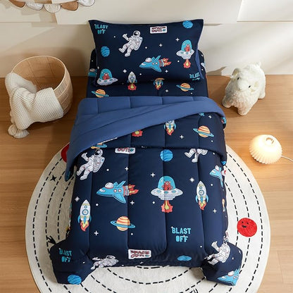 beeweed 5 Piece Kid Comforter Set Twin Size, Space Rocket & Astronaut Bedding Set for Teen Boys Girls