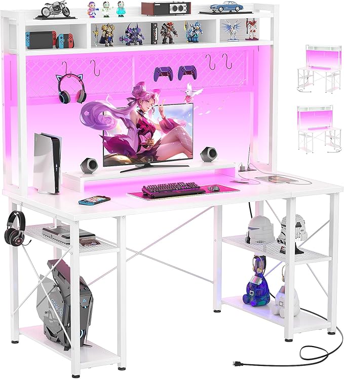 armocity 2024 Upgrade Gaming Desk with Hutch, 48'' Magic Computer Desk with LED Lights and Outlets, Reversible Workstation Desk with Pegboard and Monitor Stand, 48 Gamer Desk PC Table, White