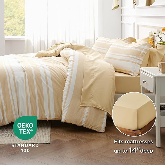 Bedsure Bed in a Bag California King Size 7-Piece Yellow White Striped Bedding Comforter Sets All Season Bed Set, 2 Pillow Shams, Flat Sheet, Fitted Sheet and 2 Pillowcases