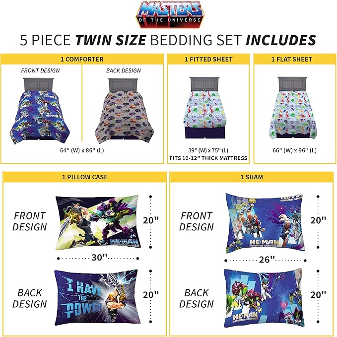 Franco Kids Bedding Super Soft Comforter and Sheet Set with Sham, 5 Piece Twin Size, He-Man and the Masters of the Universe