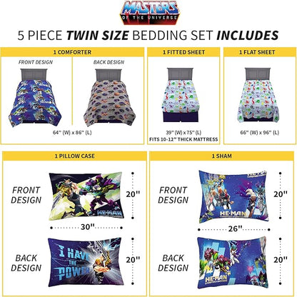 Franco Kids Bedding Super Soft Comforter and Sheet Set with Sham, 5 Piece Twin Size, He-Man and the Masters of the Universe