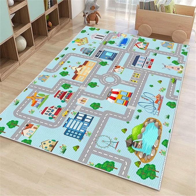 Kids Car Rug,4x6 City Life Traffic Road Playmat for Toy Cars Trains, Non-Slip Race Track Carpet Educational Fun Area Rugs for Boy and Girl Bedroom Nursery