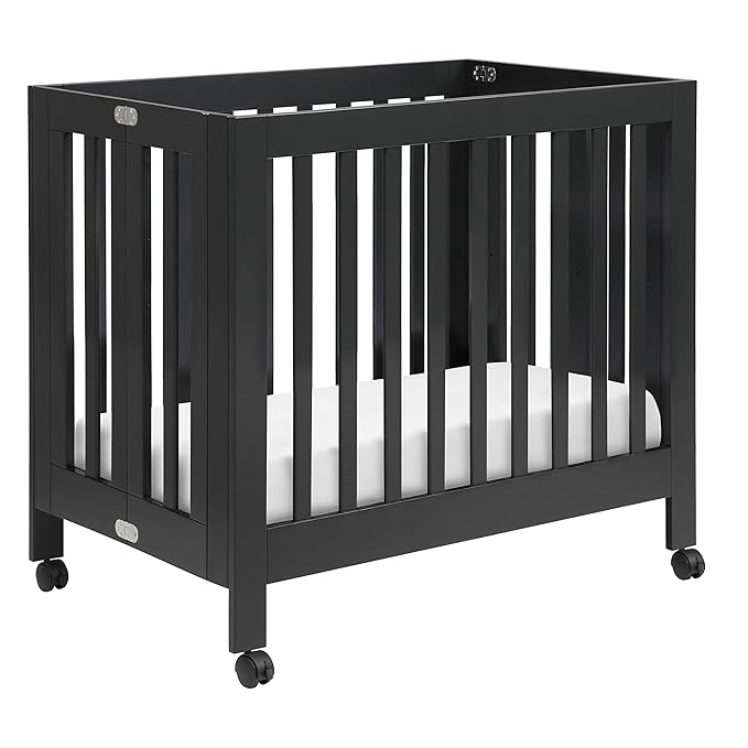 Babyletto Origami Mini Portable Folding Crib with Wheels in Black, 2 Adjustable Mattress Positions, Greenguard Gold Certified