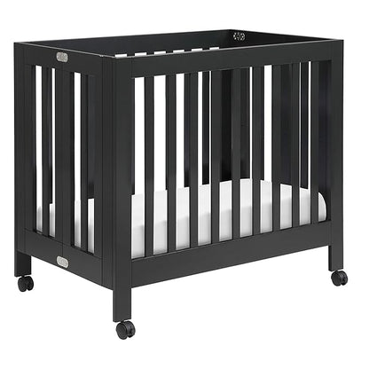 Babyletto Origami Mini Portable Folding Crib with Wheels in Black, 2 Adjustable Mattress Positions, Greenguard Gold Certified