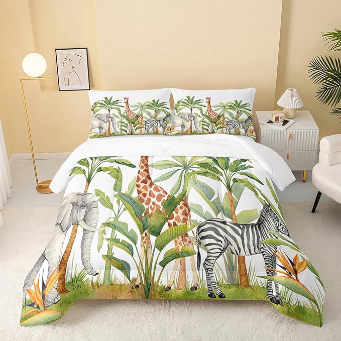 Wild Animal Comforter Twin Size,Elephant Giraffe Zebra Kids Comforter Set,3Pcs Bedding Set Printed Comforter with 2 Pillowcases,Down Alternative,Soft and Lightweight,for All Seasons