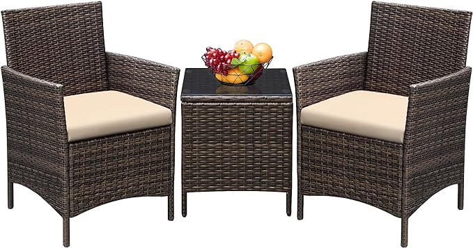 Greesum 3 Pieces Patio Furniture Sets Outdoor PE Rattan Wicker Chairs with Soft Cushion and Glass Coffee Table for Garden Backyard Porch Poolside, Brown and Beige