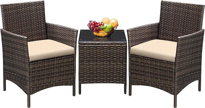 Greesum 3 Pieces Patio Furniture Sets Outdoor PE Rattan Wicker Chairs with Soft Cushion and Glass Coffee Table for Garden Backyard Porch Poolside, Brown and Beige