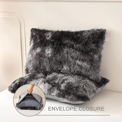 WINLIFE Shaggy Comforter Set Twin Grey for Boys Teens Faux Fur Bedding Sets Flannel Furry Comforter Plush Comforter Sets Gradient Ombre Tie Dye Bed Sets (3Pcs, Twin, Dark Grey)