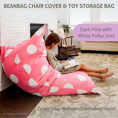 Butterfly Craze Bean Bag Chair Cover, Functional Toddler Toy Organizer, Fill with Stuffed Animals to Create a Jumbo, Comfy Floor Lounger for Boys or Girls, Stuffing Not Included, Pink Polka Dots