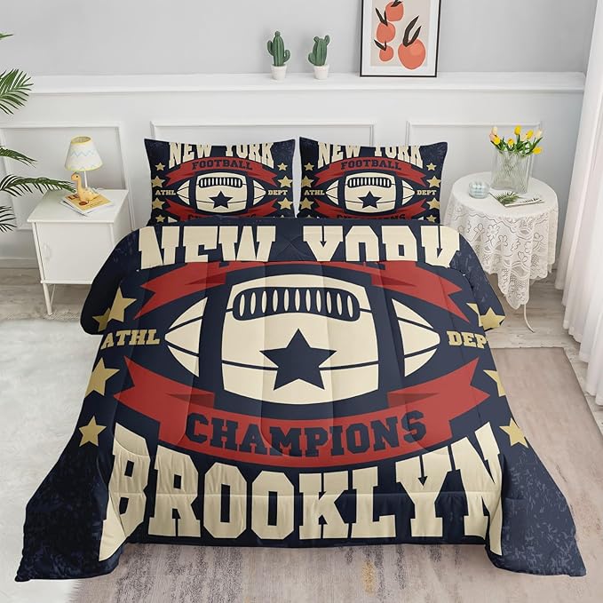 Datura home Football Comforter Sets for Boys Kids,Red Blue Theme Beige Football Championship,Duvet 3Pcs in Quilt Sets with 1 Comforter and 2 Pillowcases All Season(Red Twin)
