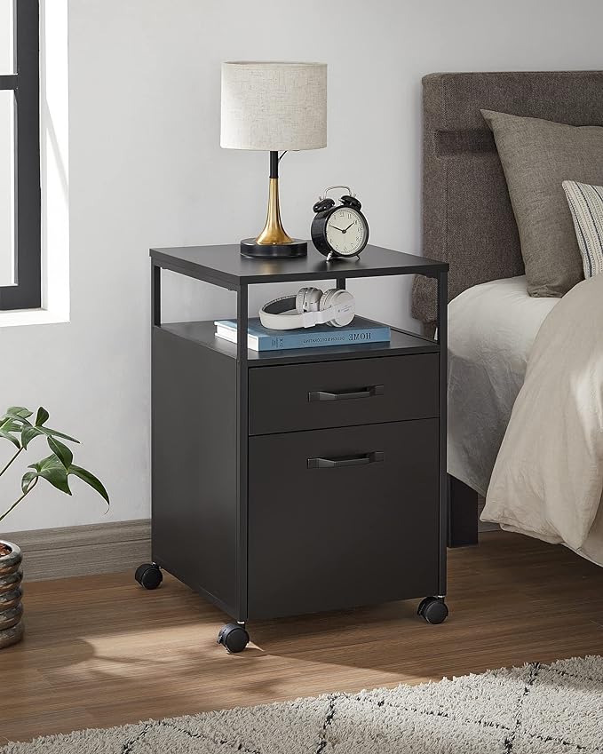 VASAGLE File Cabinet, Mobile Filing Cabinet with Wheels, 2 Drawers, Open Shelf, for A4, Letter Size, Hanging File Folders, Ink Black UOFC071B16