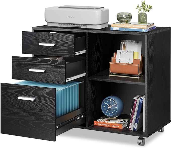 DEVAISE 3-Drawer Wood File Cabinet, Mobile Lateral Filing Cabinet, Printer Stand with Open Storage Shelves for Home Office, Black