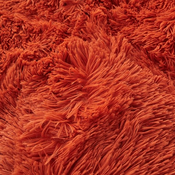 Fluffy Orange Comforter Cover Set Queen - Ultra Soft Plush Burnt Orange Bedding Sets 3 Pieces (1 Faux Fur Duvet Cover + 2 Faux Fur Pillow case) Boho Orange Queen Bed Sets (Dark Orange, Queen)