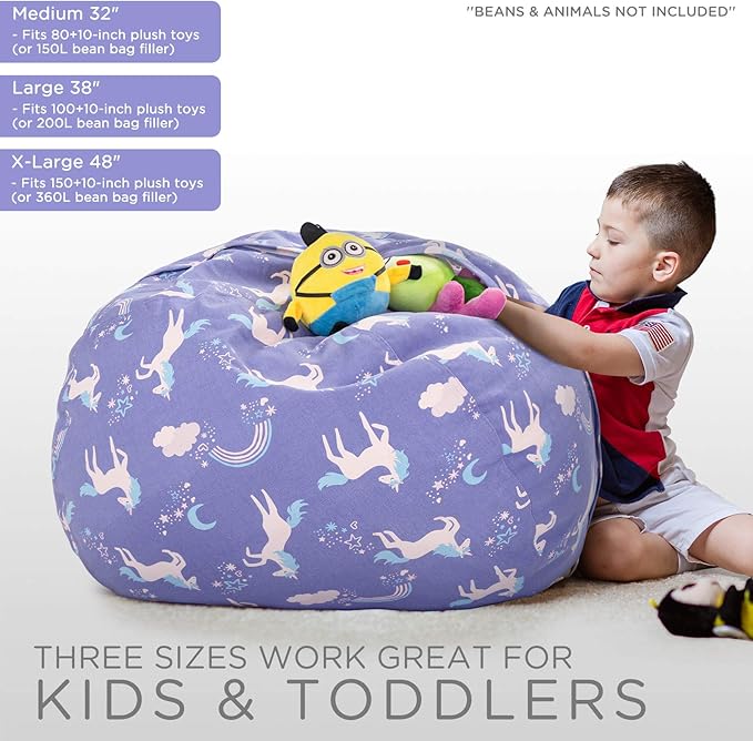 Aubliss Stuffed Animal Storage Bean Bag, Unicorn Bean bag Chair, Stuff 'n Sit for Kids, Large 38"-Canvas Unicorn Blue