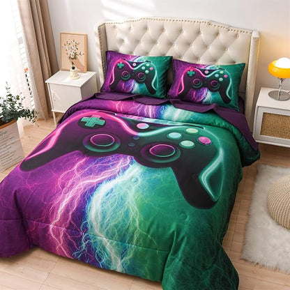 Meeting Story Gamer Gaming Bedding Sets Black Pink Lightnings Gamepad Comforter Set for Boys Games Console Action Buttons Novelty Colorful Modern Room Decor Home Quilt Set (Green-Purple, Twin 5Pcs)