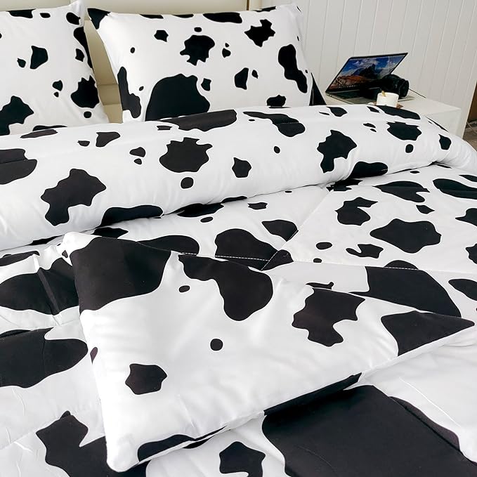 SDY 3 Pieces Milk Cow Print Stuff Bedding Comforter Set Full with 2 Pillowcases for Kids Teens Girls Women, Microfiber, Easy Wash, Light Breathable Cozy White Base Cute Milk Cow Pattern, Full Size…