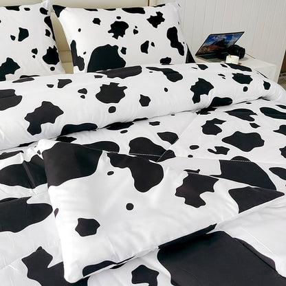 SDY 3 Pieces Milk Cow Print Stuff Bedding Comforter Set Full with 2 Pillowcases for Kids Teens Girls Women, Microfiber, Easy Wash, Light Breathable Cozy White Base Cute Milk Cow Pattern, Full Size…