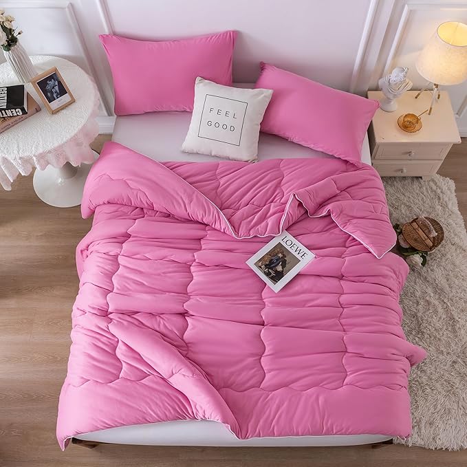 COTTEBED Softness Comforter Set KING Size Bed, Jersey Knit T-Shirt Feel Ultra-Soft Breathable Comy Cozy Lightweight Bedding Down Blanket Pillowsham Women Girl All Season, California/Cal King Rose Pink