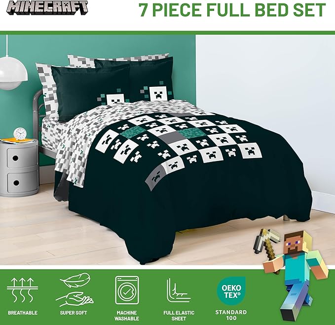 Minecraft Creeper Full Comforter Set - 7 Piece Gamer Bedding includes Sheet Set & Pillow Covers - Super Soft Checkered Kids Bedding
