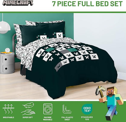 Minecraft Creeper Full Comforter Set - 7 Piece Gamer Bedding includes Sheet Set & Pillow Covers - Super Soft Checkered Kids Bedding