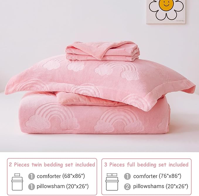 Mooreeke Twin Kids Comforter Bed Set, Embossed Plush Fleece Soft & Warm 2 Piece Bed in A Bag with Shams, Velour Velvet Pink Rainbow Girls Kids Bedding Set, Fluffy Fuzzy Polar Cozy and Stylish