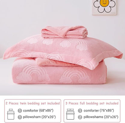 Mooreeke Twin Kids Comforter Bed Set, Embossed Plush Fleece Soft & Warm 2 Piece Bed in A Bag with Shams, Velour Velvet Pink Rainbow Girls Kids Bedding Set, Fluffy Fuzzy Polar Cozy and Stylish