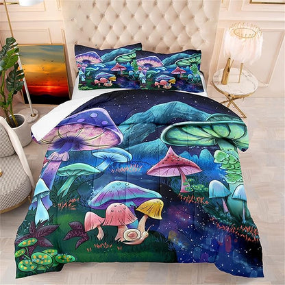 Cartoon Mushroom Bedding Set, Queen Size 3 Piece Ultra Soft Breathable Cute Mushrooms Bedding Comforter Sets Fungus Plant Bedspread for All-Season Bedroom Decor with 1 Comforter +2 Pillowcases