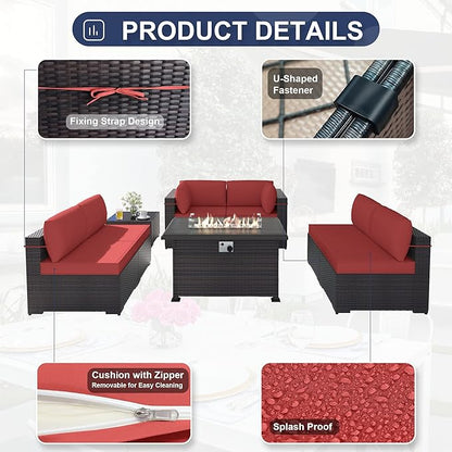 Patio Furniture Set with Fire Pit Table 8 PCS Outdoor Sectional Furniture Outdoor Rattan Patio Conversation Sets with 43in 55,000 BTU Propane Gas Fire Pit Table Glass Table, Red