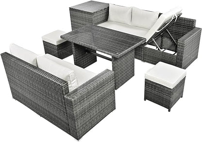 Outdoor Furniture 6-Piece Patio Sofa Set, All Weather PE Rattan Sectional Couch with Tempered Glass Dining Table, Adjustable Seat, Storage Box&Removable Covers, for Garden Backyard, 1, Beige