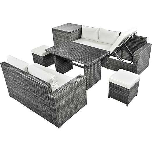 6-Piece Patio Furniture Set, L-Shaped Outdoor PE Wicker Rattan Sectional ConversationSet with Adjustable Seat, Storage Box, Removable Covers and Tempered Glass Top Table, for Backyard