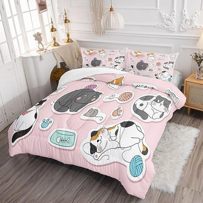 CVHOUSE Cat Bedding,Cartoon Cat Comforter Queen,Animals Print Comforter Set for Kids,Kawaii Quilt Set with 1 Comforter and 2 Pillow Cases