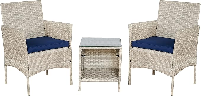 BTEXPERT Outdoor Wicker Conversation 3 Piece Bistro Set Garden Patio Yard Porch Furniture Space Saving Pe Rattan 2 Chairs Cushions Side Storage Glass Table Stone Gray/Navy Blue 3pc